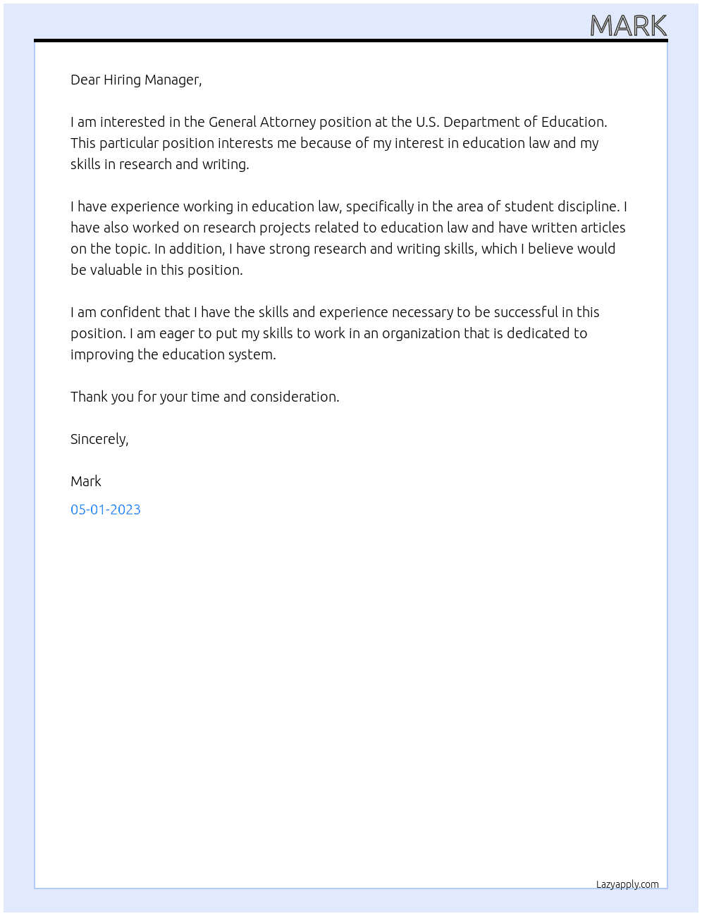 General Attorney, GS-0905-13 At  U.S. Department of Education  Cover Letter