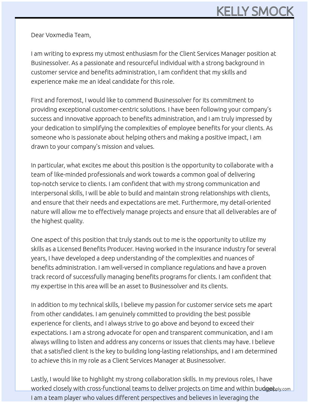 Client Services Manager At Businessolver Cover Letter