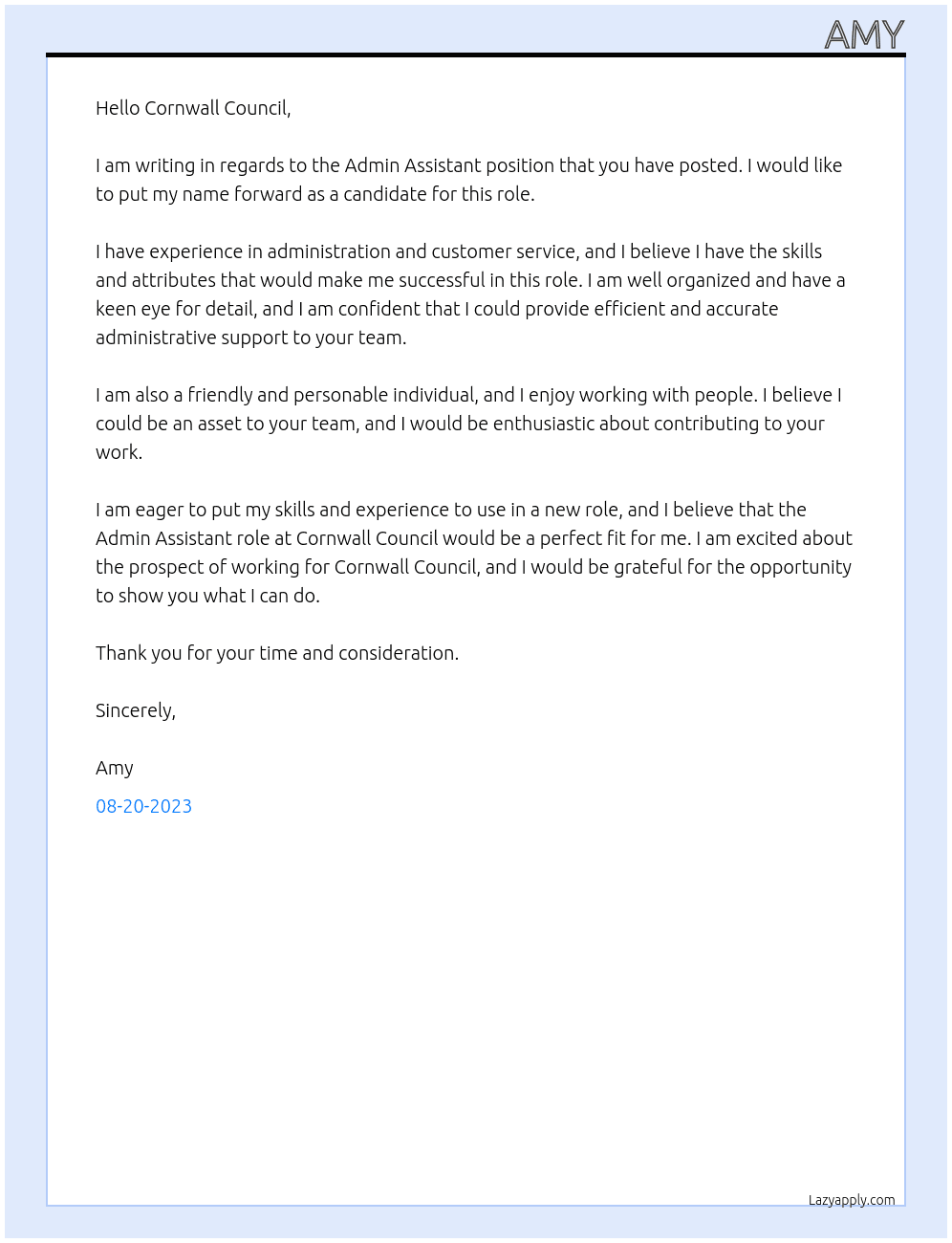 Admin Assistant At Cornwall Council Cover Letter