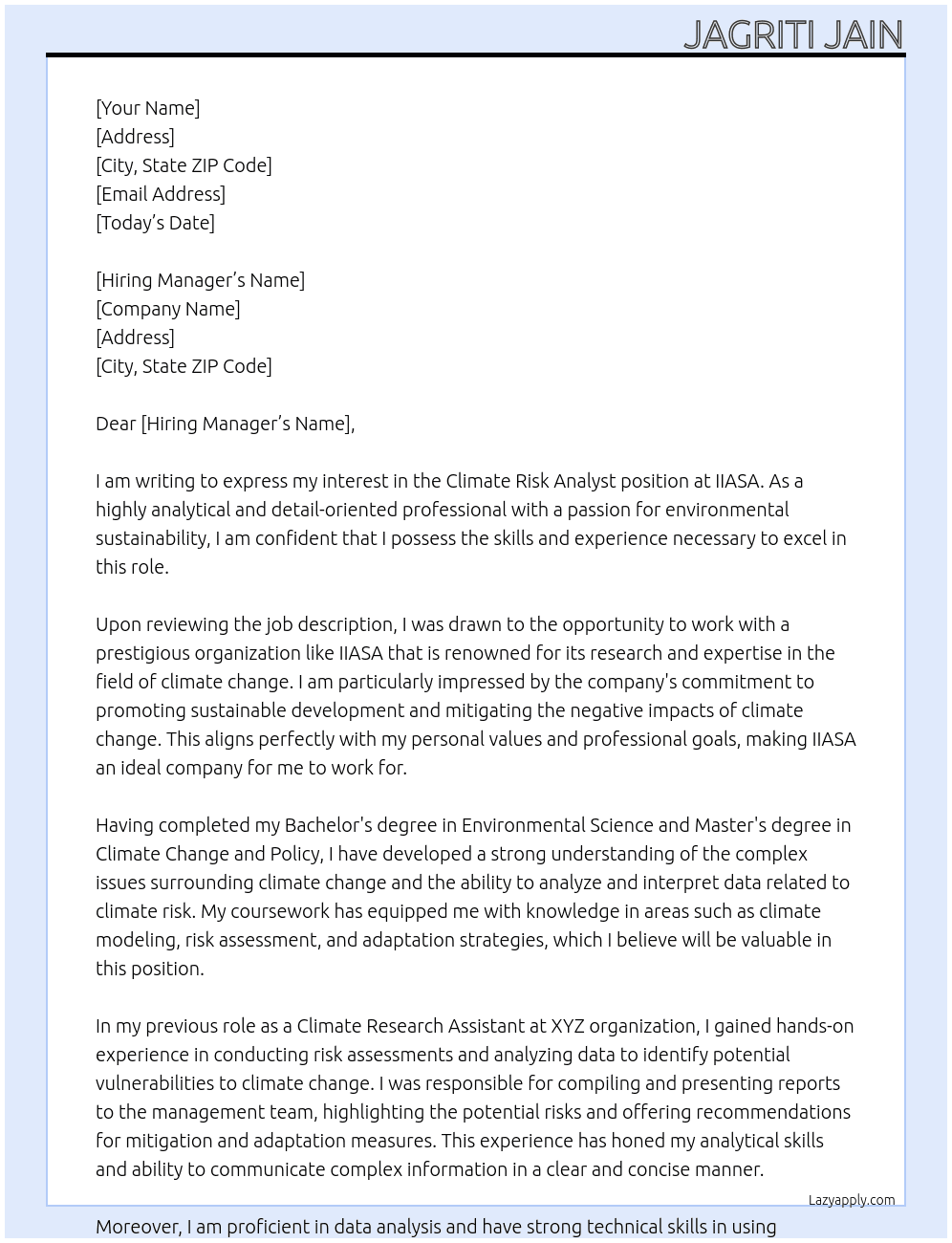 Climate risk analyst  At IIASA Cover Letter