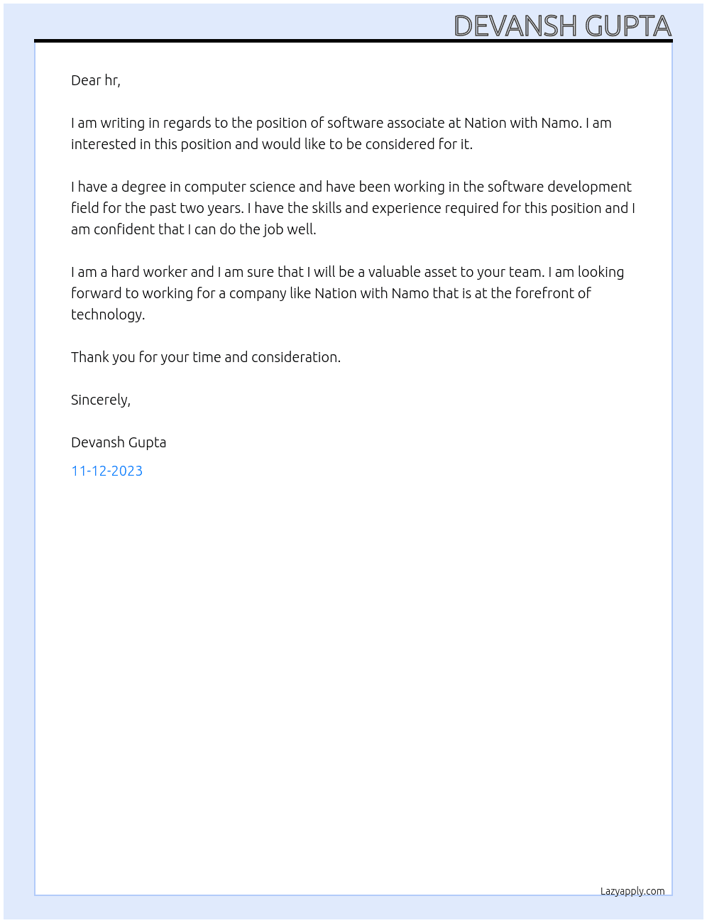 software associate At Nation with Namo  Cover Letter