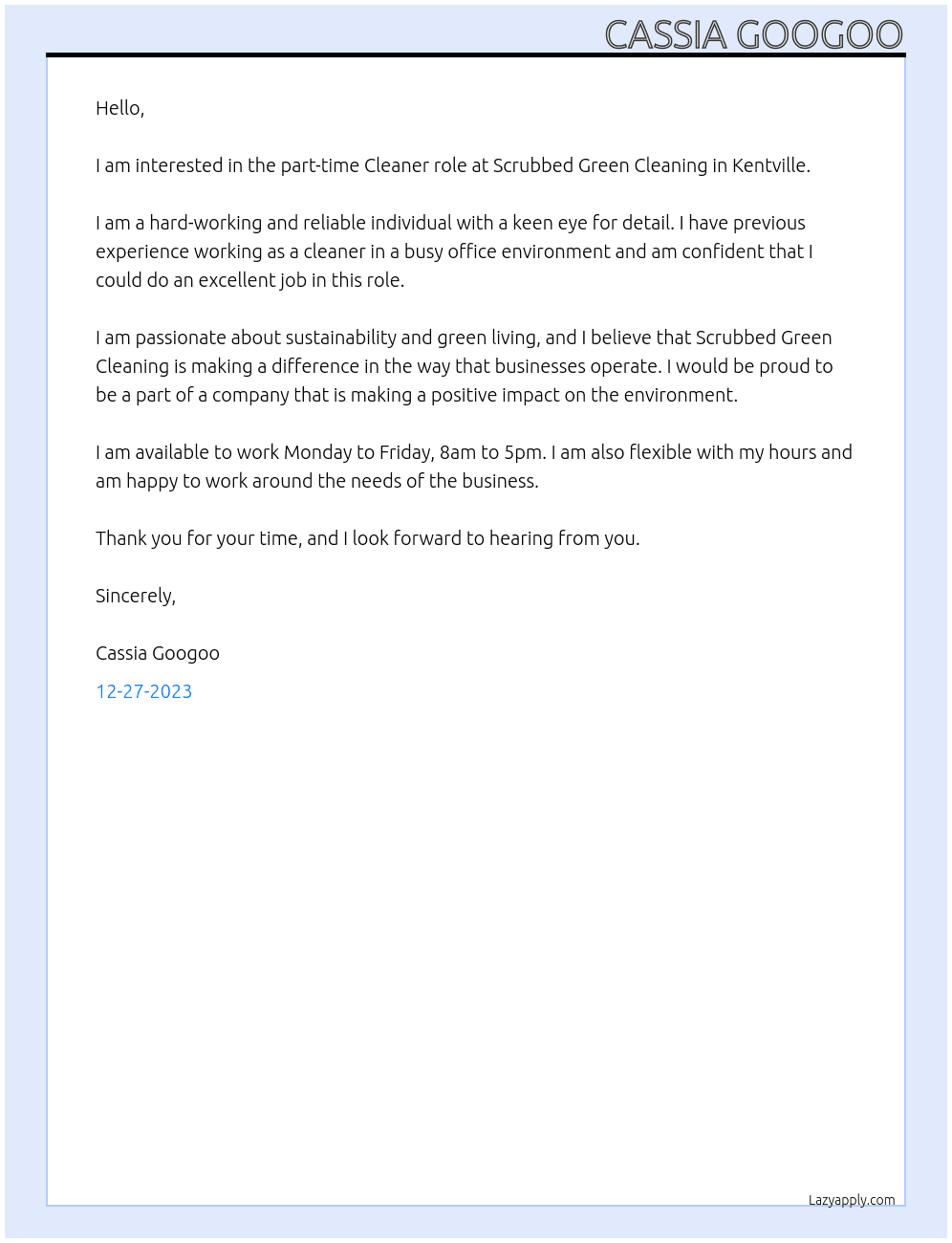 Cleaner At Scrubbed Green Cleaning  Cover Letter
