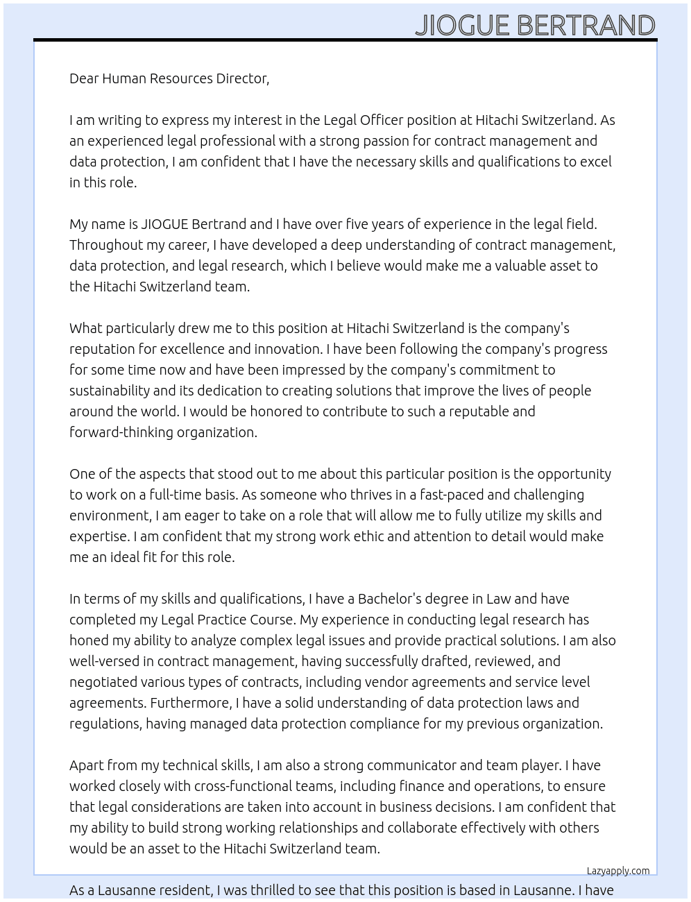legal Officer At Hitachi Switzerland Cover Letter
