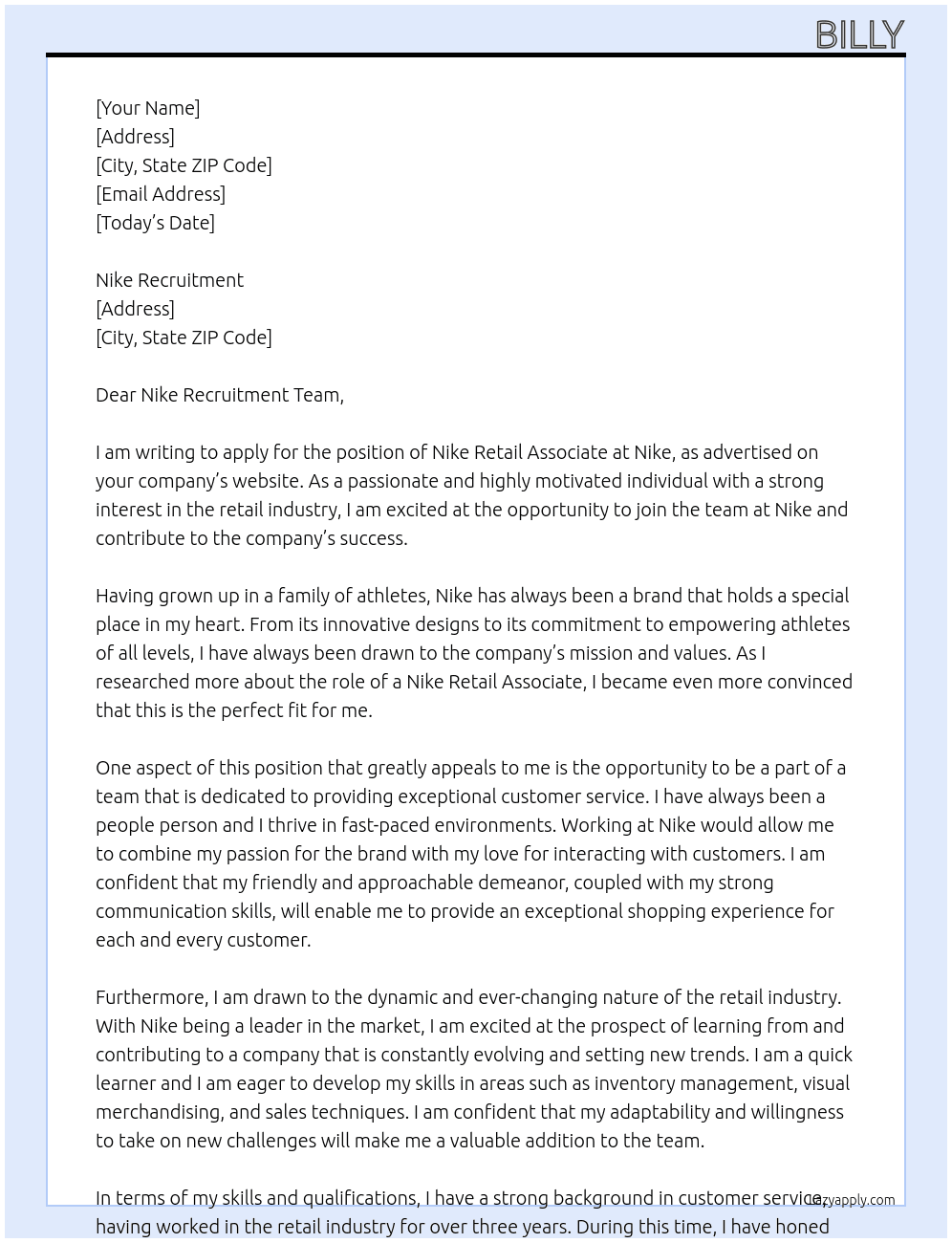 Nike retail associate At Nike Cover Letter