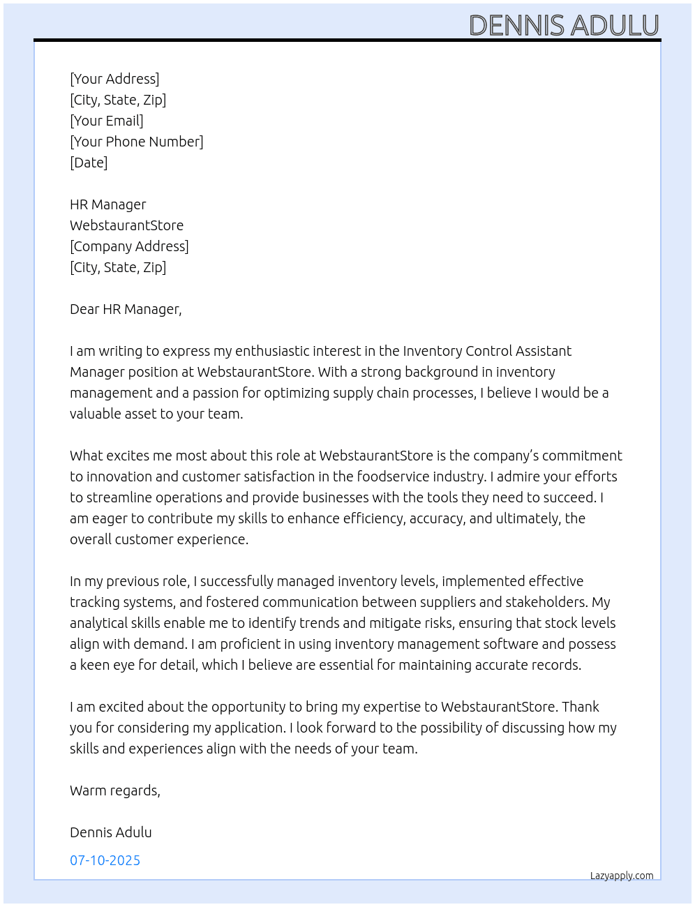 Cover letter for inventory control assistant manager - LazyApply