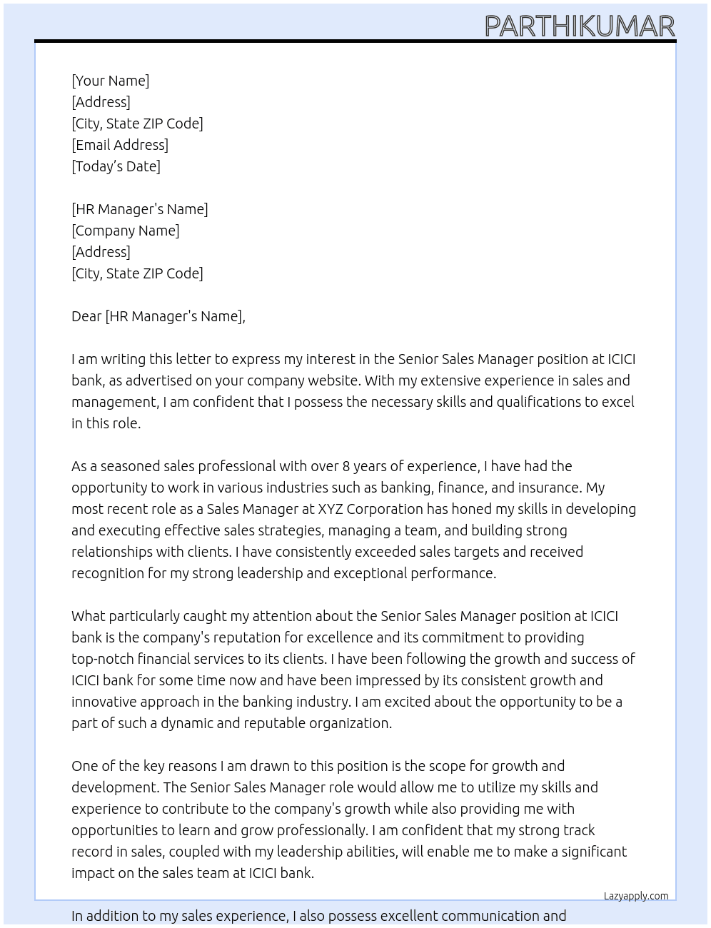 senior sales manager At icic bank Cover Letter