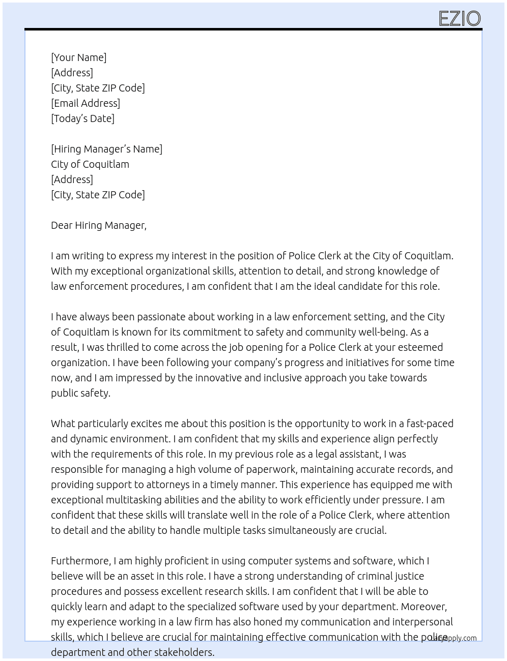 police clerk At city of coquitlam Cover Letter
