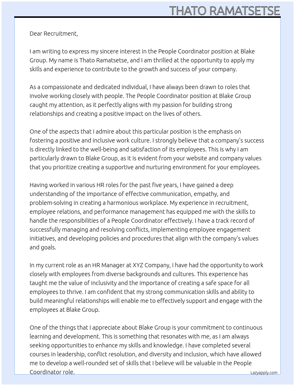People Coordinator At Blake Group Cover Letter