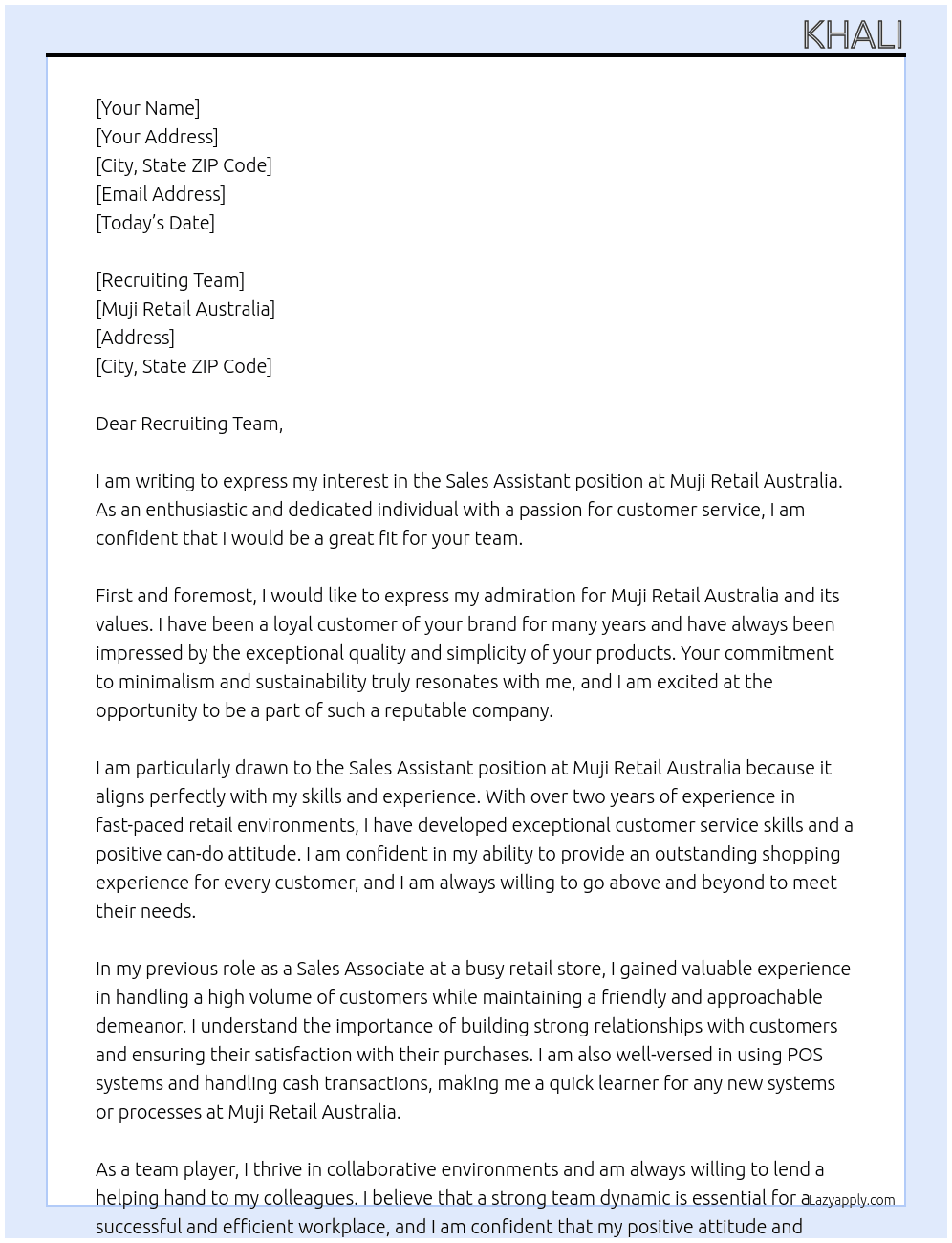 Sales Assistant At Muji Retail Australia  Cover Letter