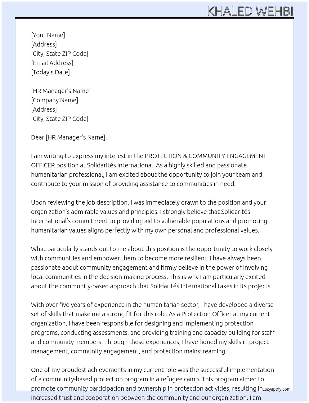 PROTECTION & COMMUNITY ENGAGEMENT OFFICER At Solidarités International Cover Letter