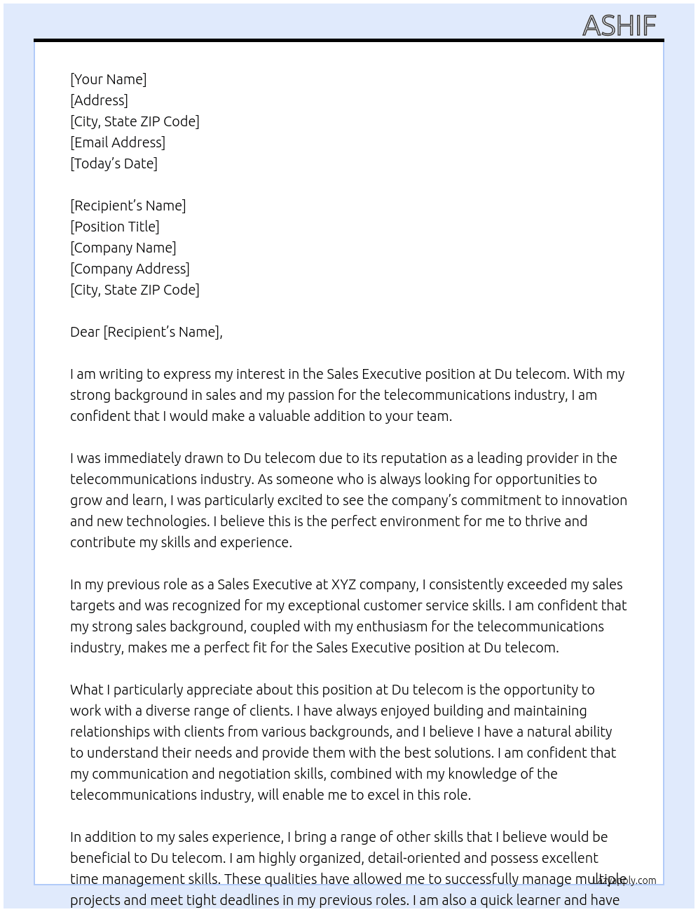 Sales executive At Du telecom Cover Letter