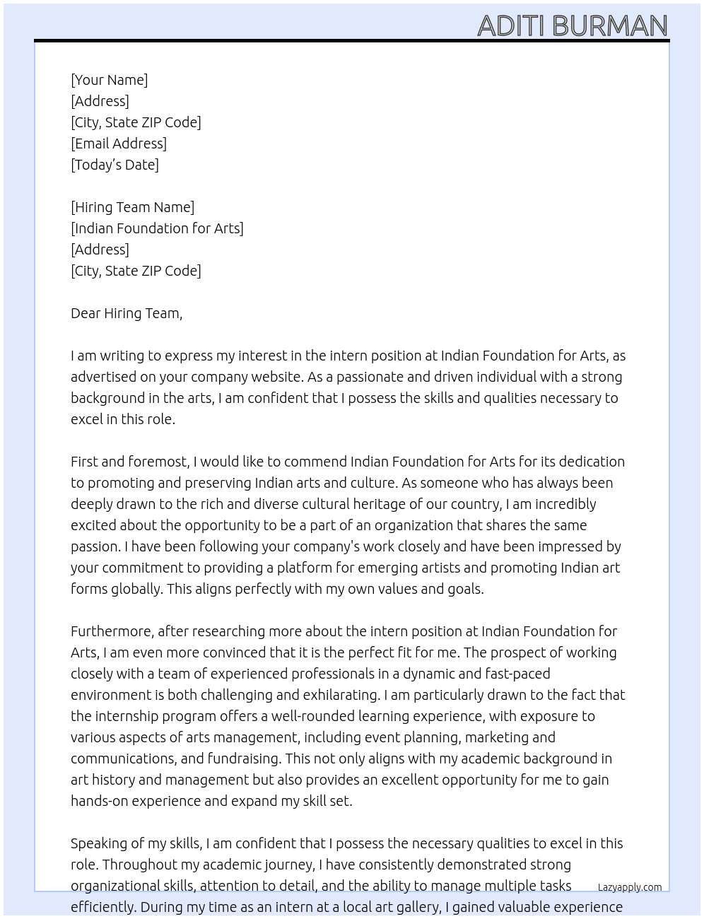 intern At indian foundation for arts Cover Letter