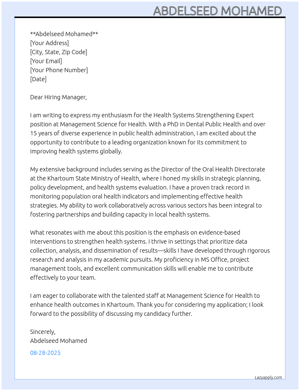 Health Systems Strengthening Experts At Management Science for Health  Cover Letter