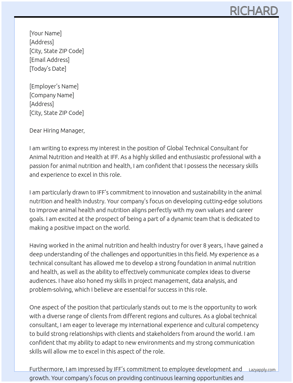 global technical consultant animal nutrition and health At IFF Cover Letter