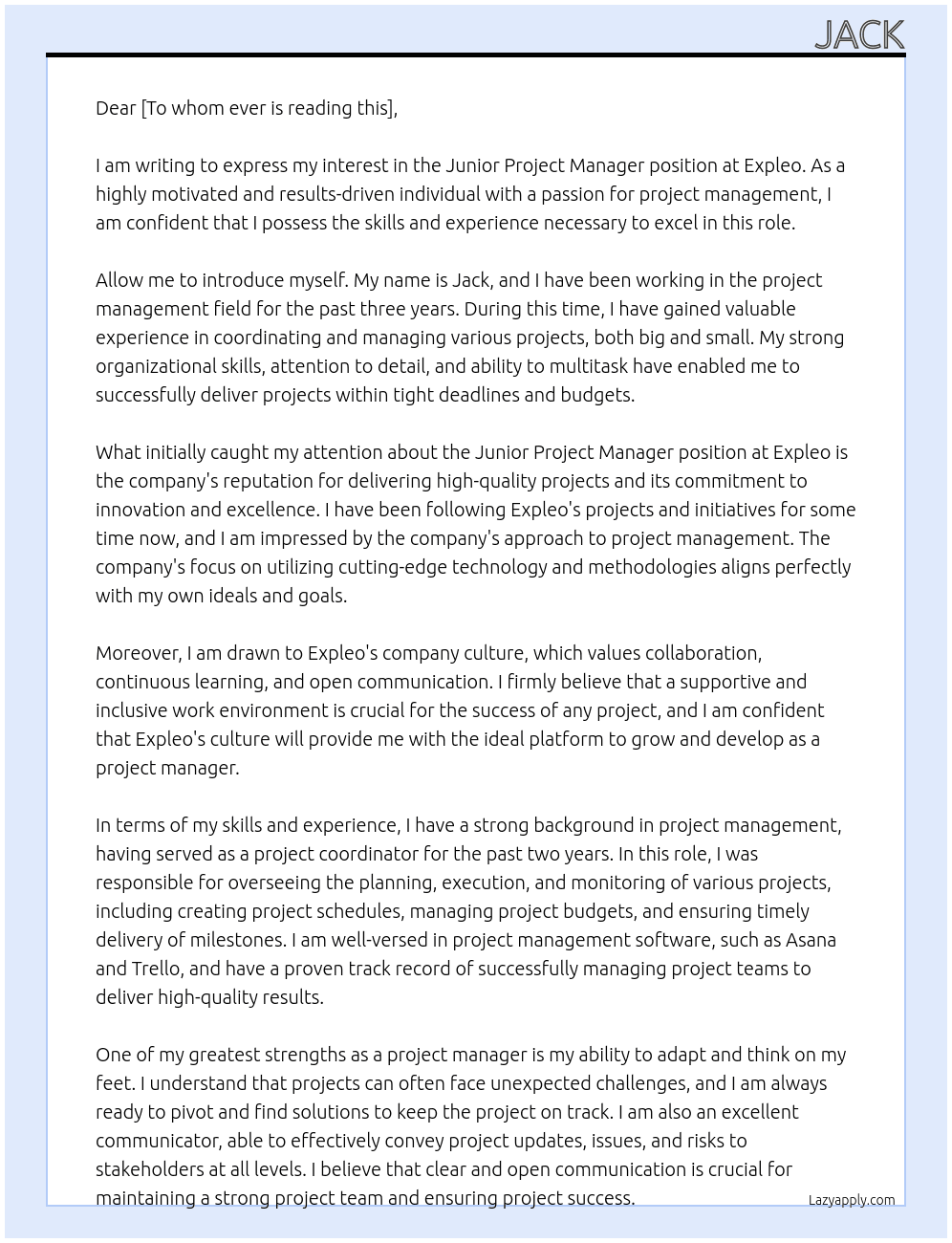 Junior project manager At Expleo Cover Letter