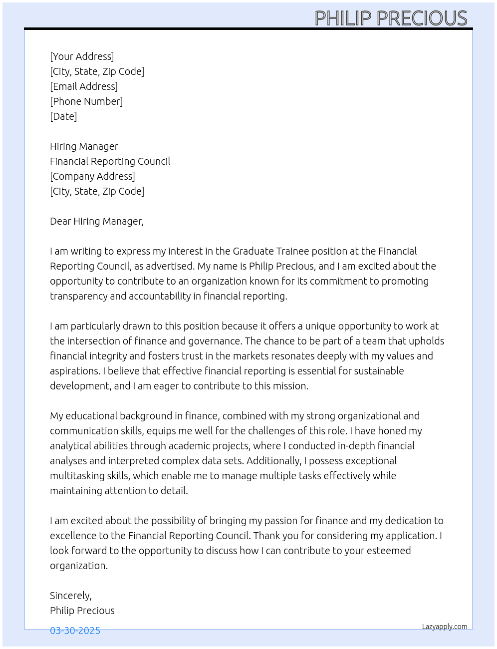 Graduate trainee At Financial reporting council  Cover Letter