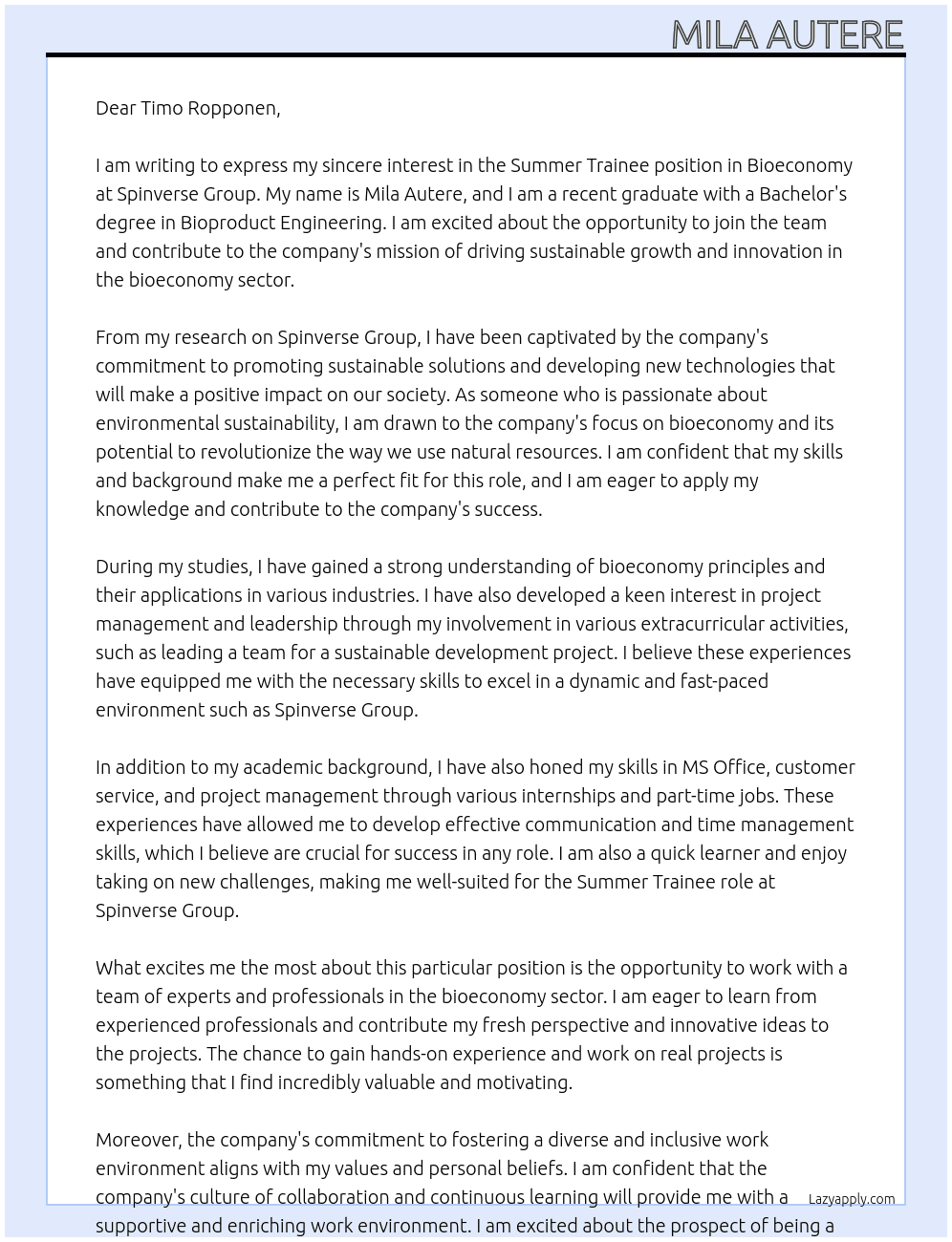 Summer Trainee, Bioeconomy At Spinverse Group Cover Letter
