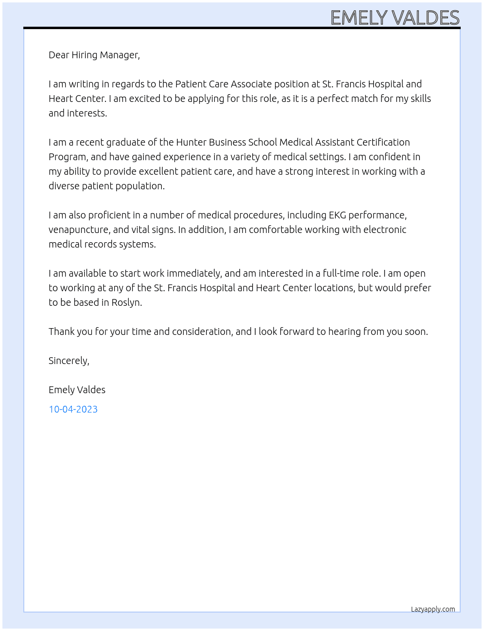 Patient Care Associate At St. Francis Hospital and Heart Center Cover Letter