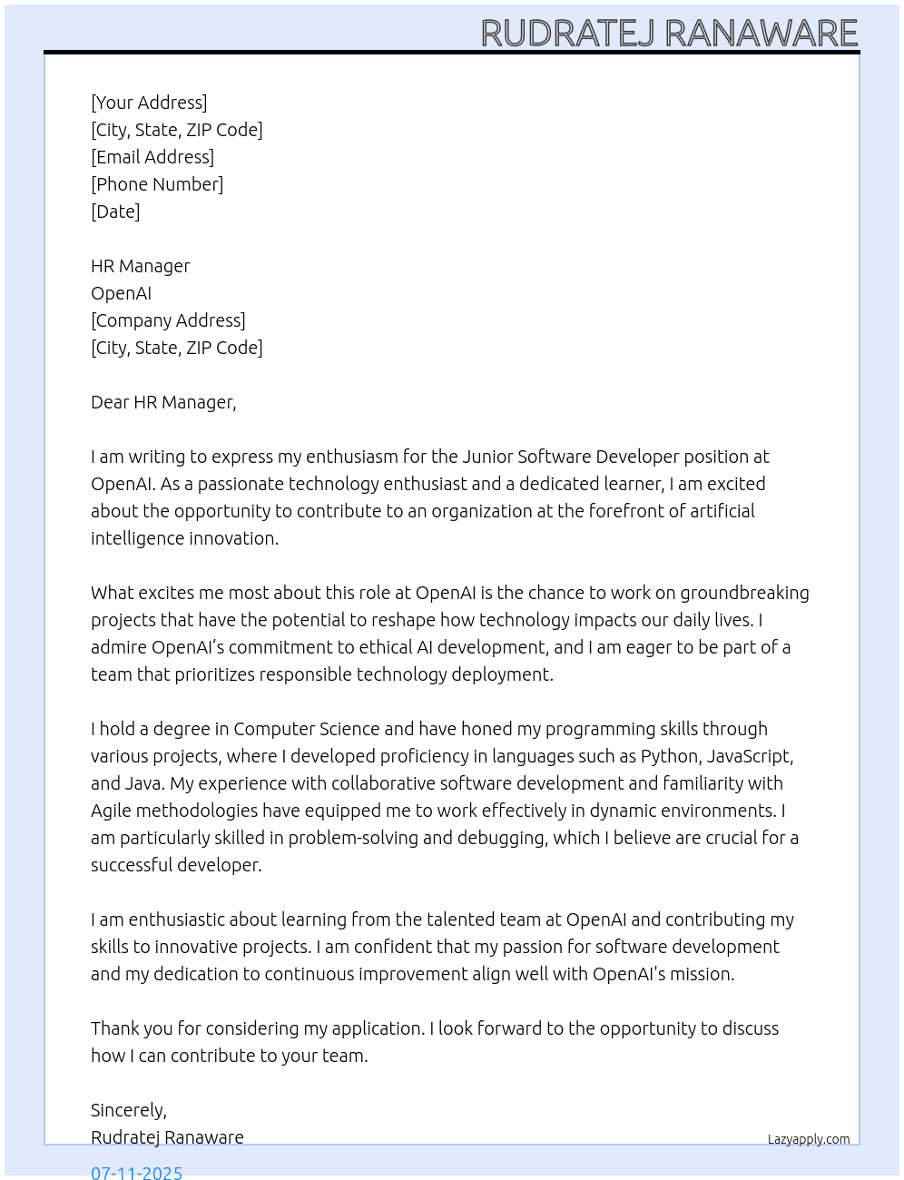 Cover letter for junior post for software developer - LazyApply