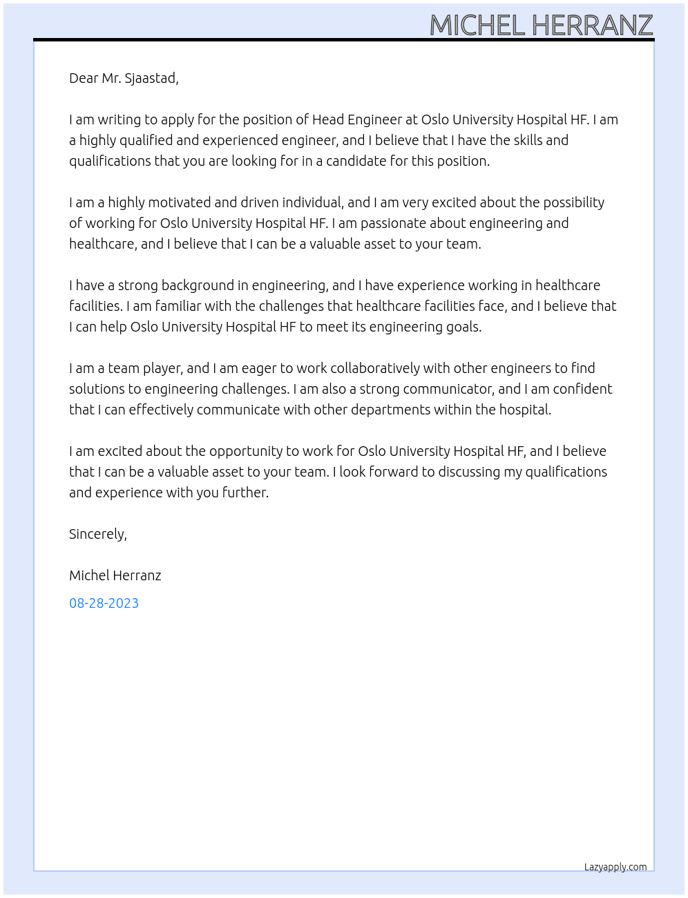 Head Engineer At Oslo University Hospital HF Cover Letter