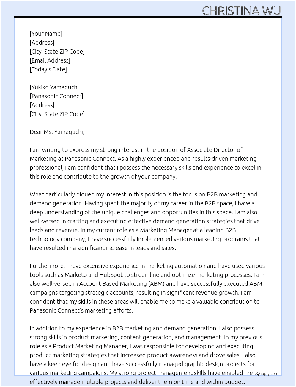 Associate Director of Marketing At Panasonic Connect Cover Letter