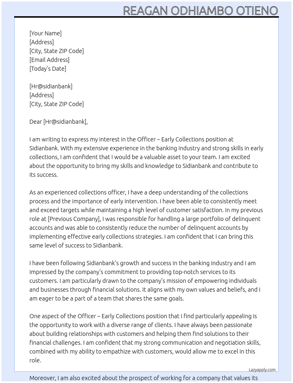 Officer – Early Collections At sidianbank Cover Letter