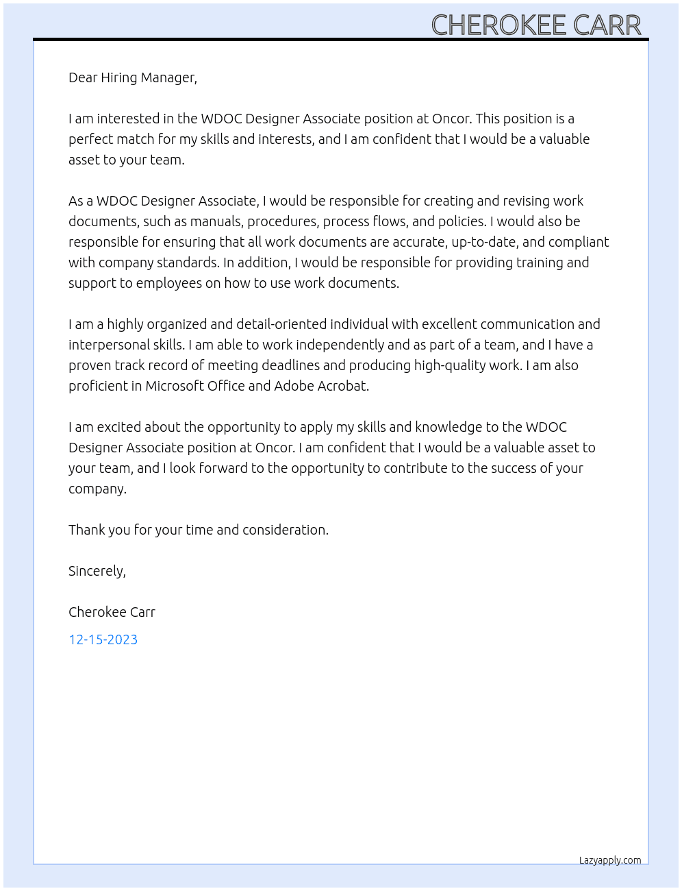 WDOC Designer Associate At Oncor  Cover Letter