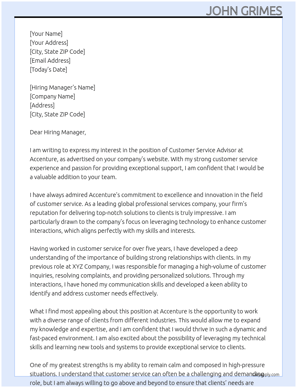 Customer Service Advisor At Accenture Cover Letter