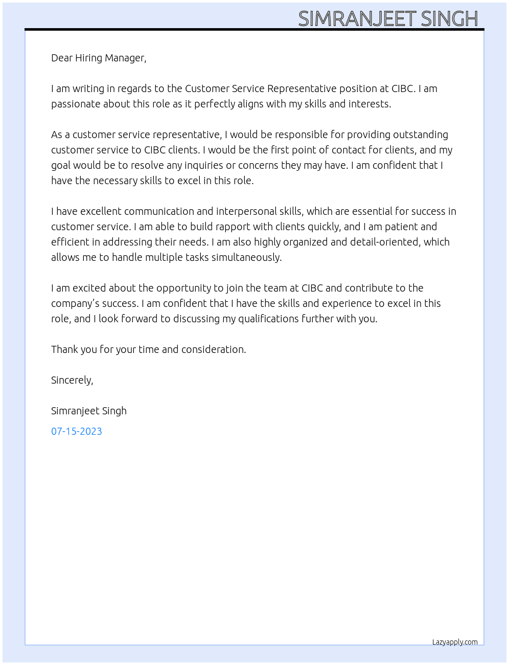 Customer Service Representative  At CIBC Cover Letter