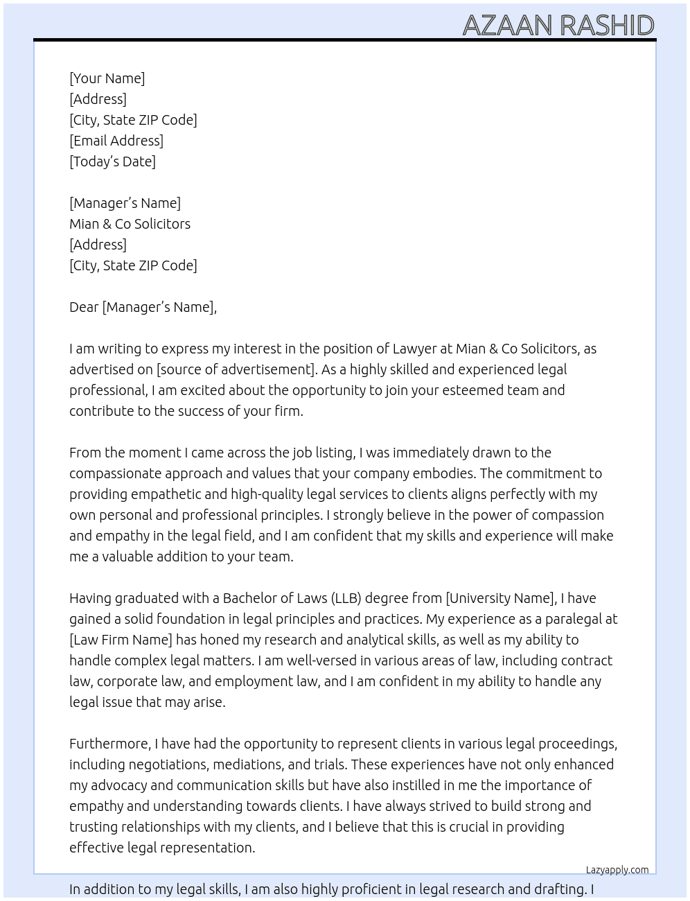 Lawyer At Mian & Co Solicitors  Cover Letter