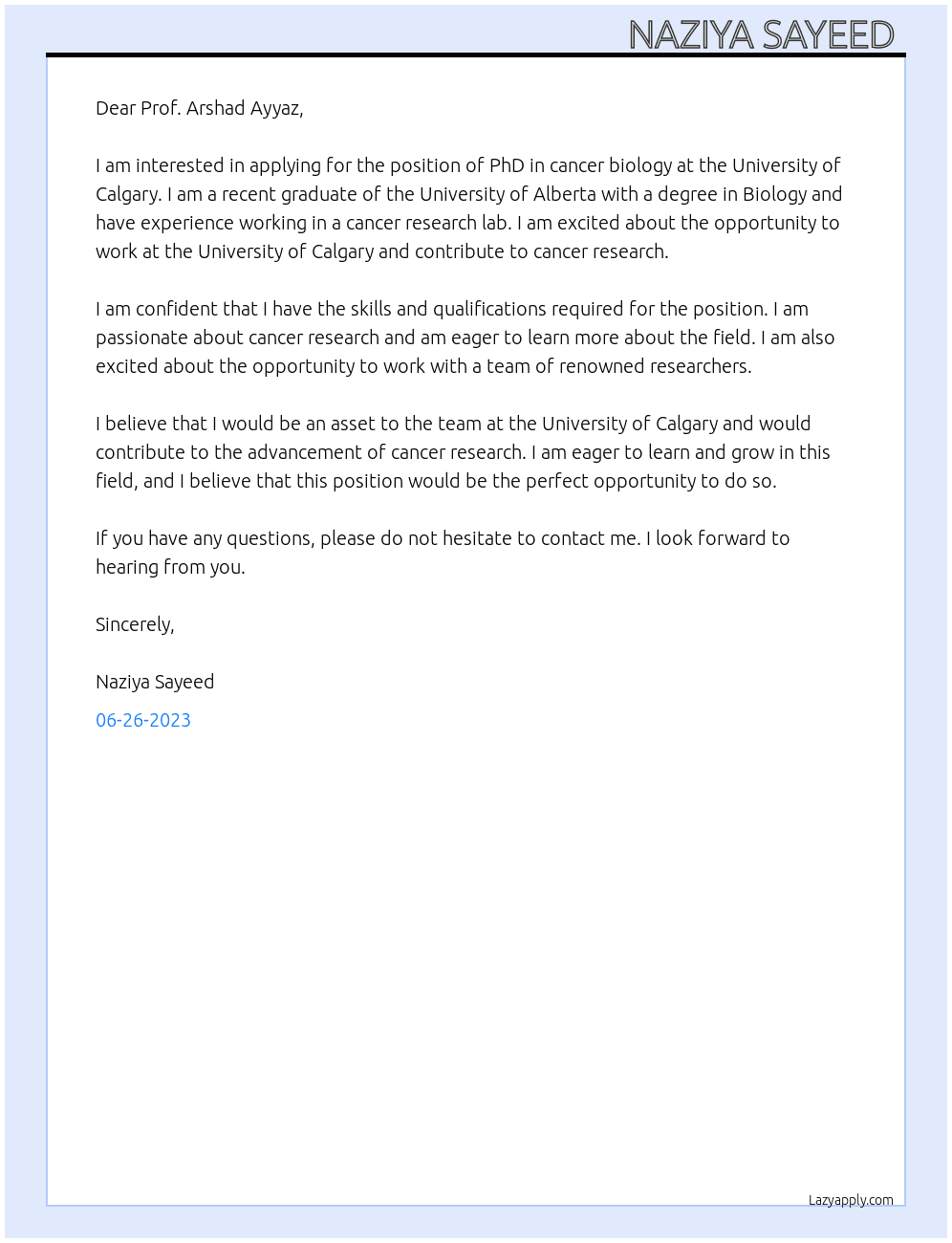 PhD  in cancer biology At u calgary Cover Letter