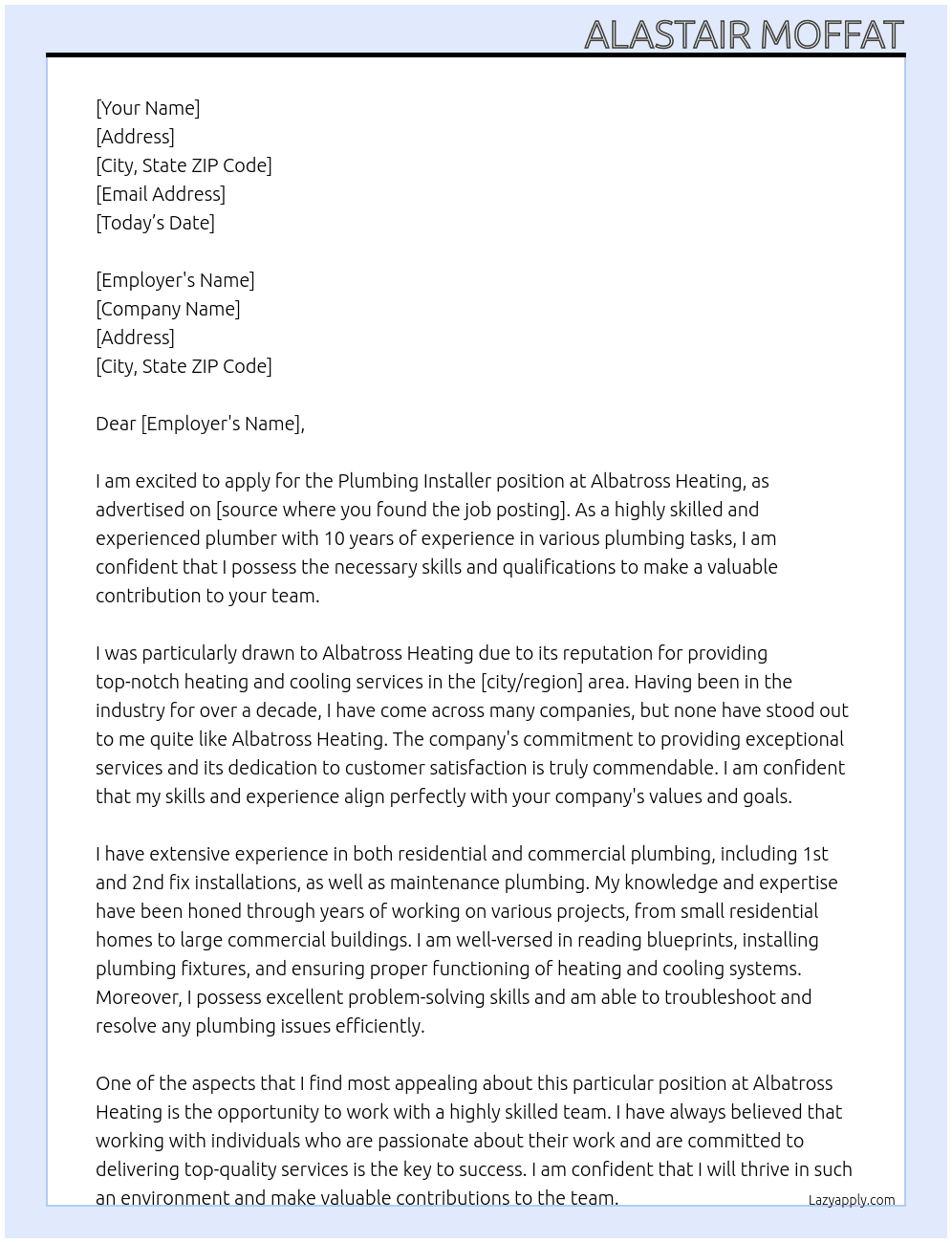 Plumbing installer  At Albatross Heating Cover Letter