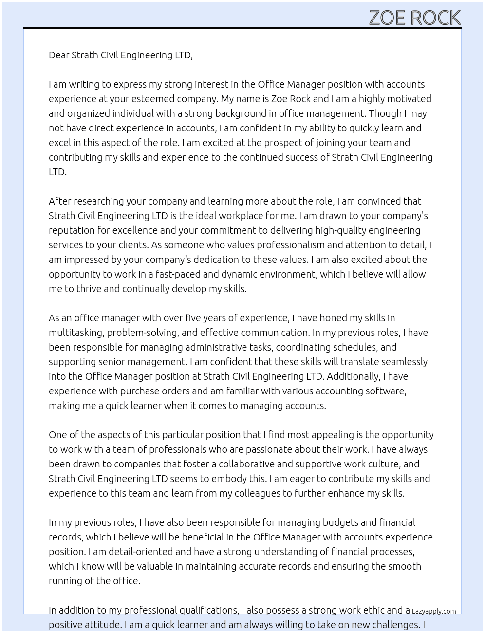 Office manager with accounts experience  At Strath Civil engineering LTD Cover Letter