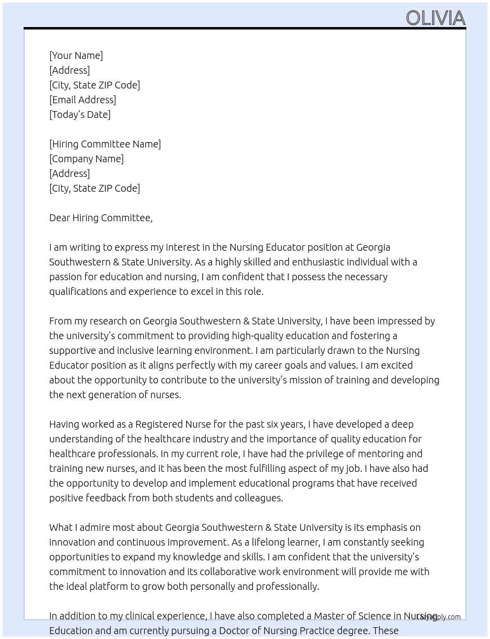 Nursing Educator At Georgia Southwestern & State University Cover Letter