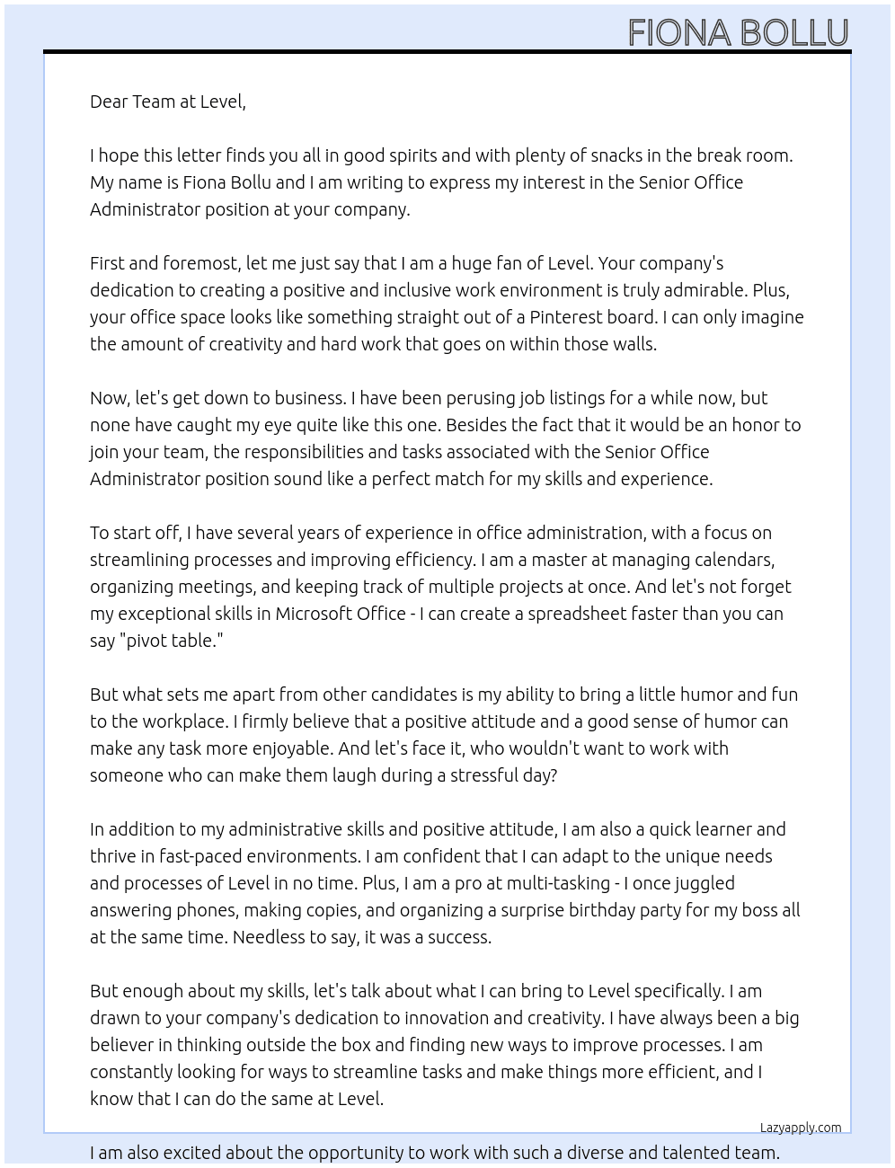 Senior Office Administrator At Level Cover Letter
