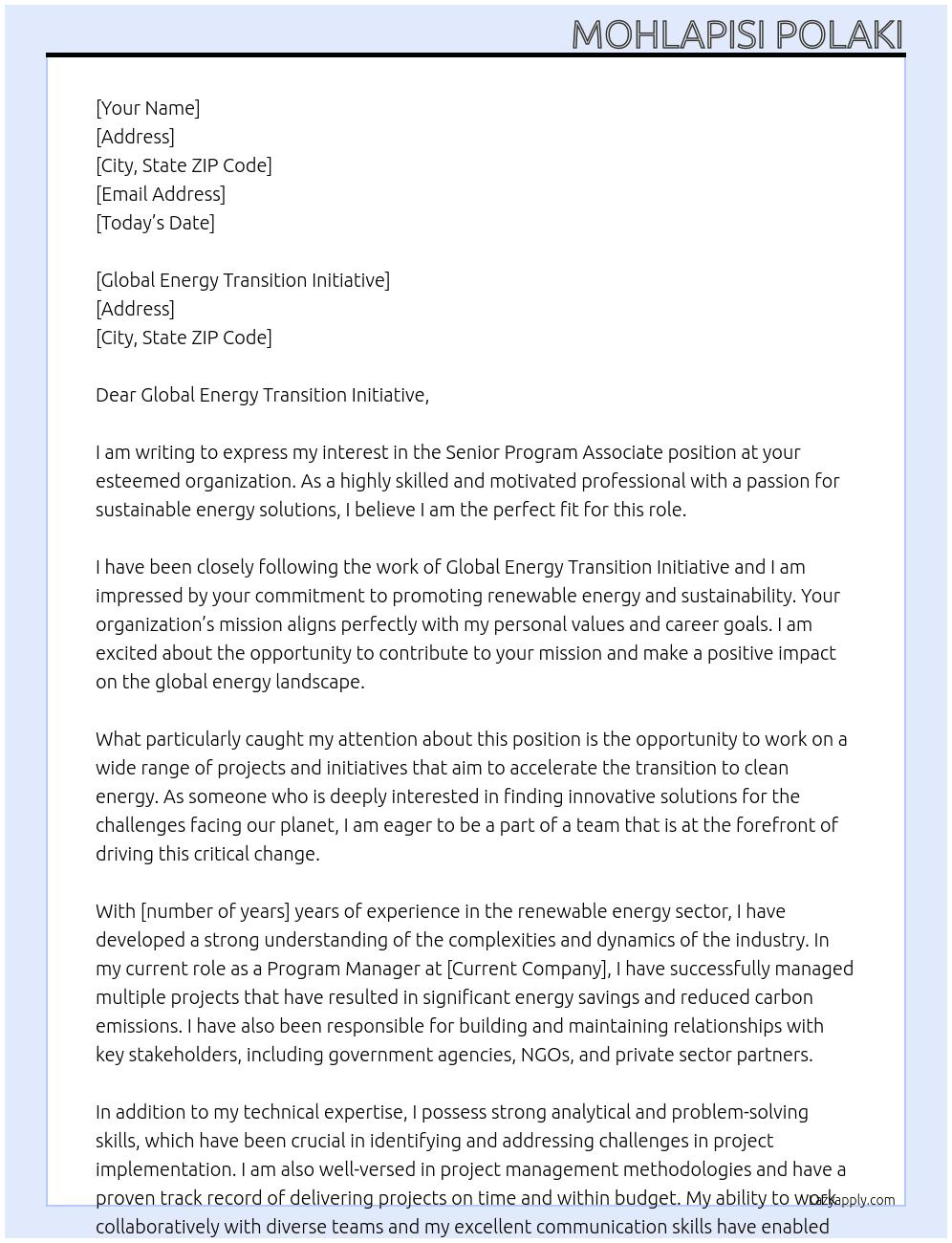 Senior Program Associate At  Global Energy Transition Initiative Cover Letter