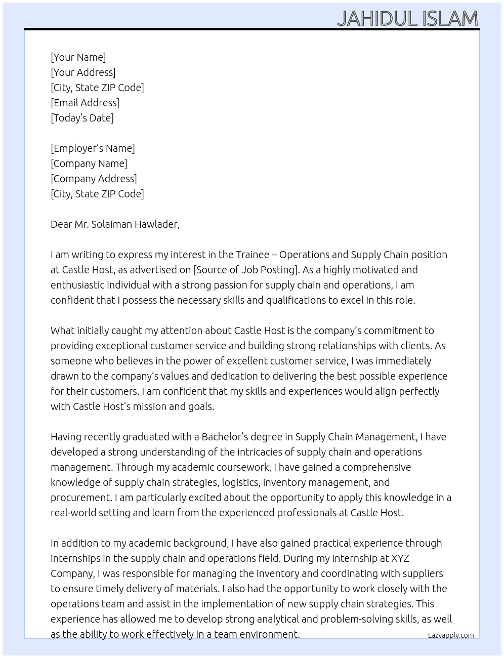 Trainee - Operations and Supply Chain At Castle Host Cover Letter
