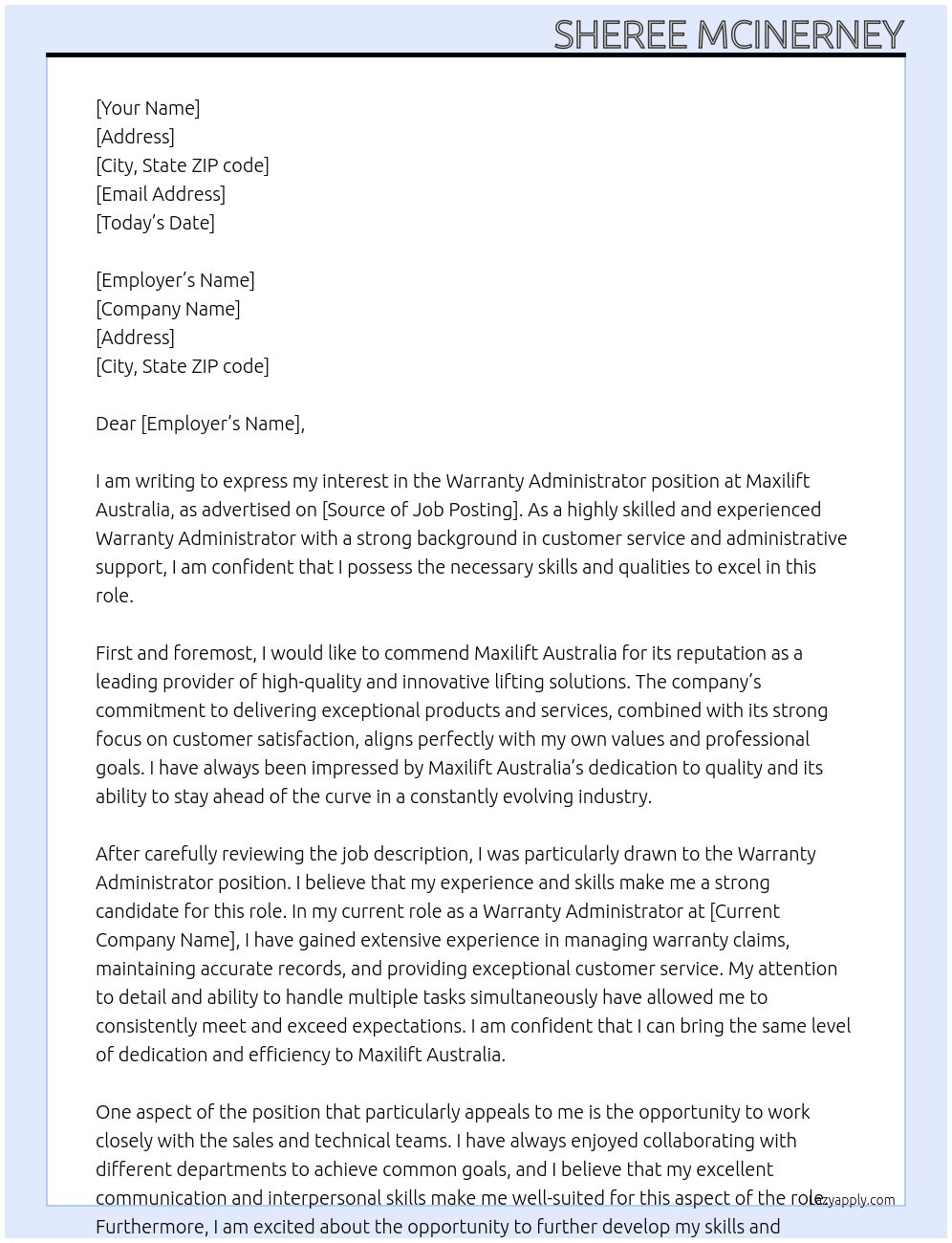 Warranty Administrator At Maxilift Australia Cover Letter