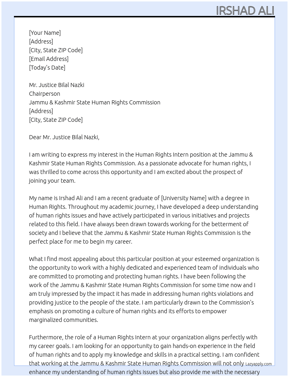 Human Rights Intern At Jammu & Kashmir State Human Rights Commission  Cover Letter