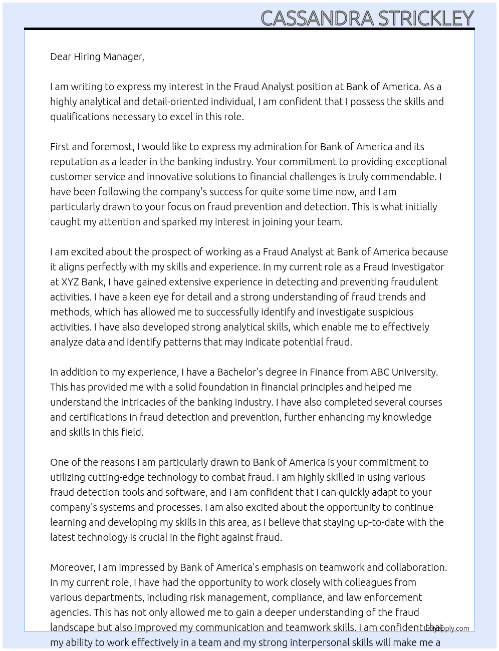 fraud analyst At Bank of America Cover Letter