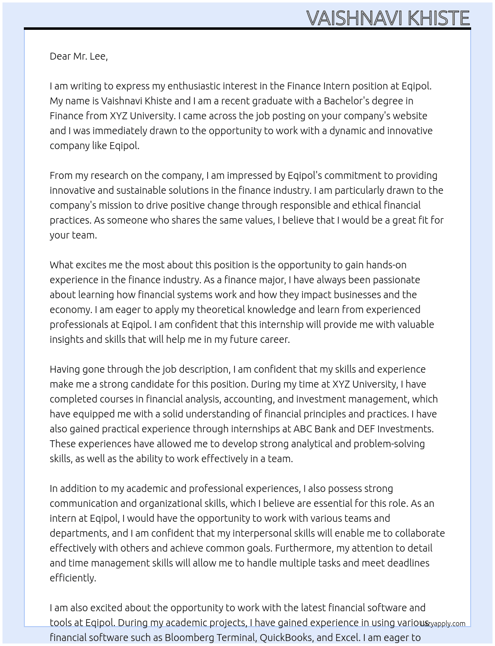 Finance intern At eqipol Cover Letter