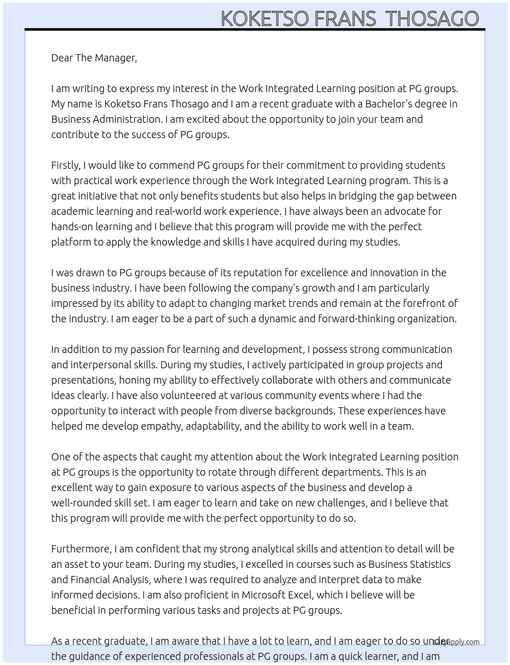 Work intergrated learning  At PG groups Cover Letter