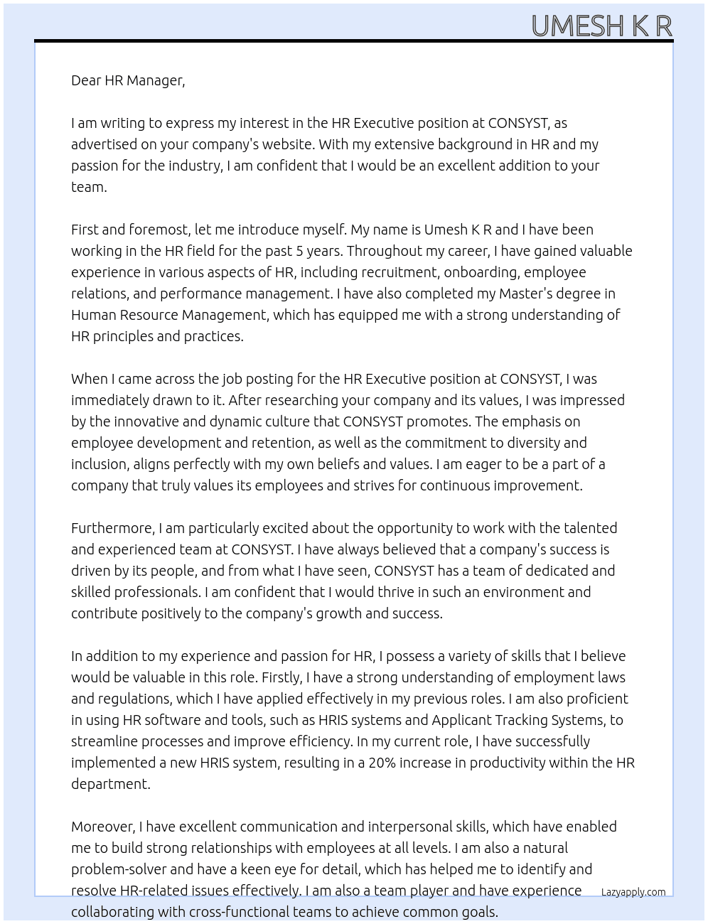 HR EXECUTIVE At CONSYST Cover Letter
