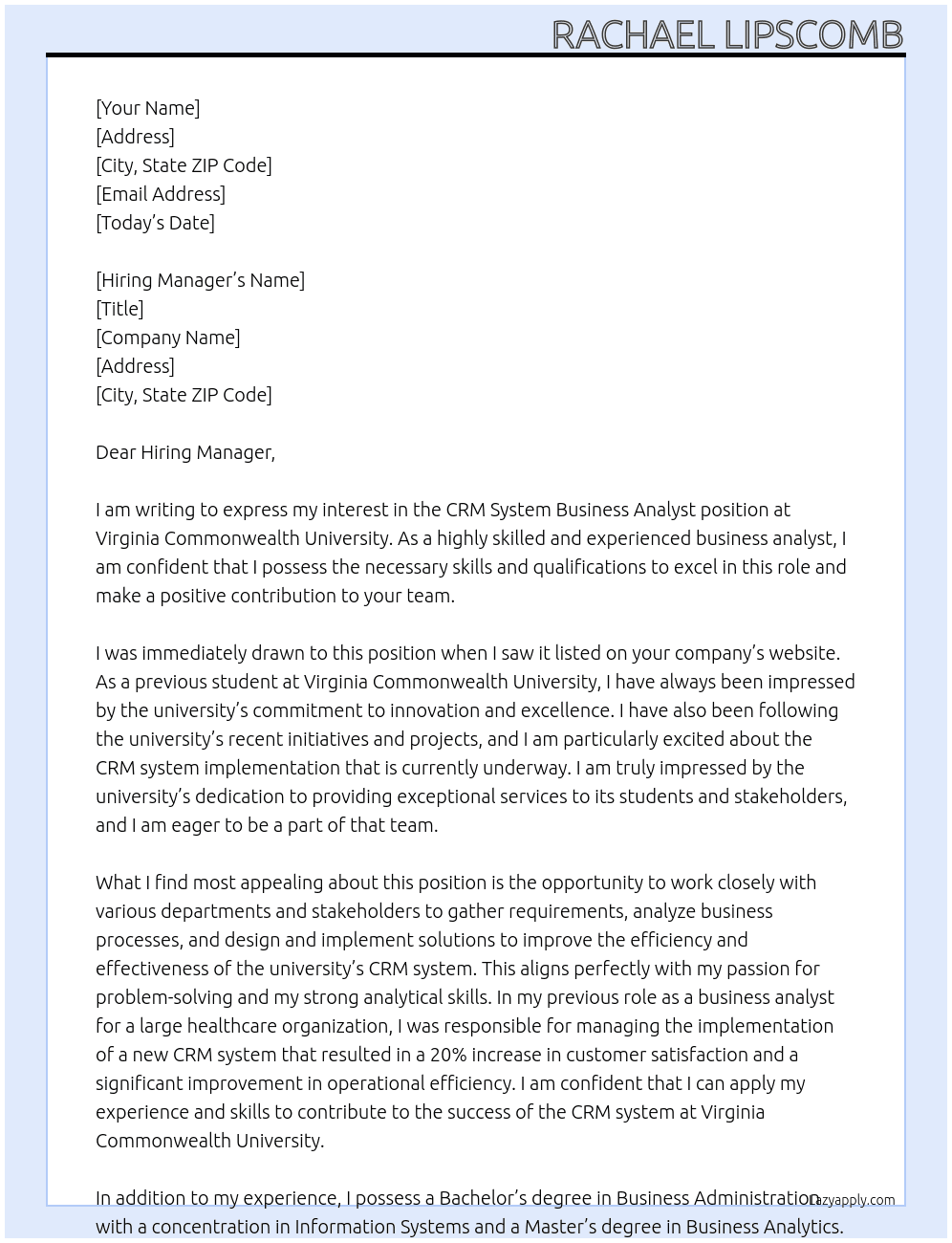CRM System Business Analyst At Virginia Commonwealth University Cover Letter