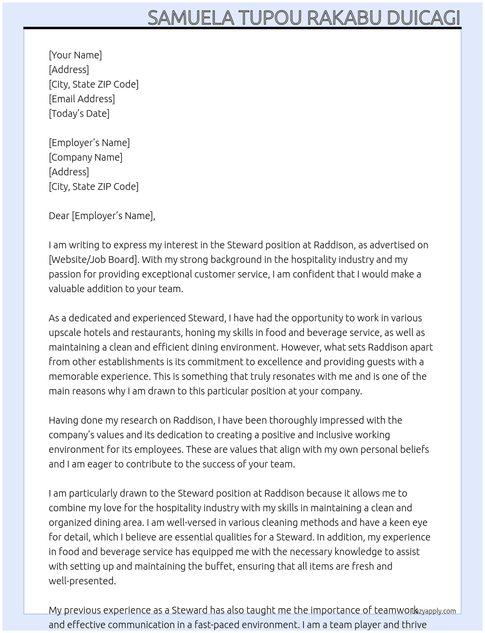 Steward At Raddison  Cover Letter