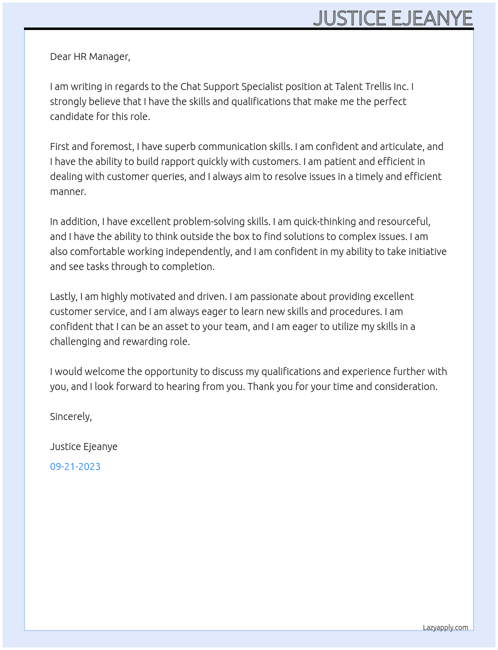 Chat Support Specialist At Talent Trellis Inc. Cover Letter