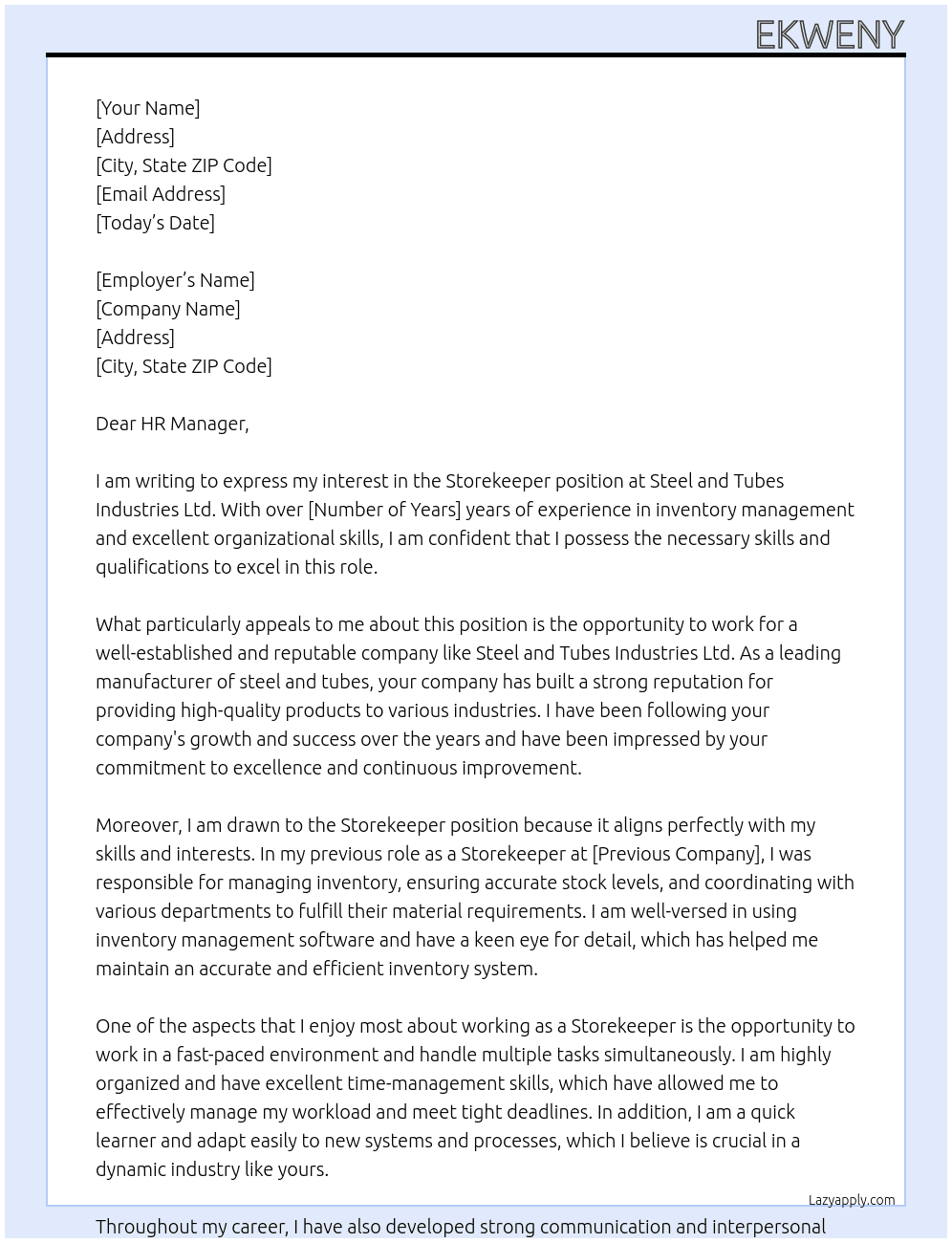 Storekeeper At Steel and tubes industries ltd Cover Letter