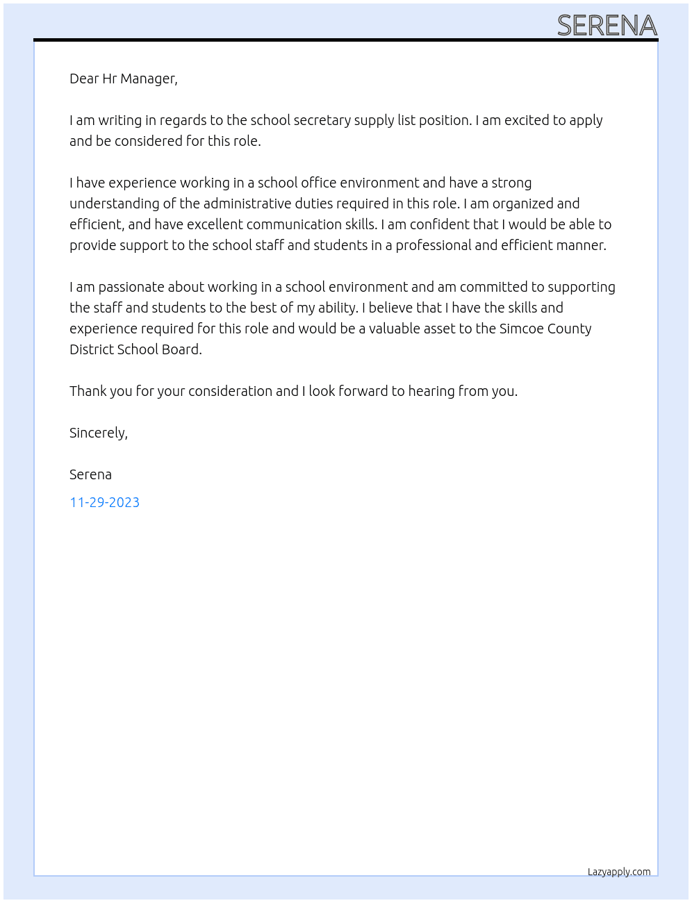 school secretary supply list At Simcoe County District School Board Cover Letter