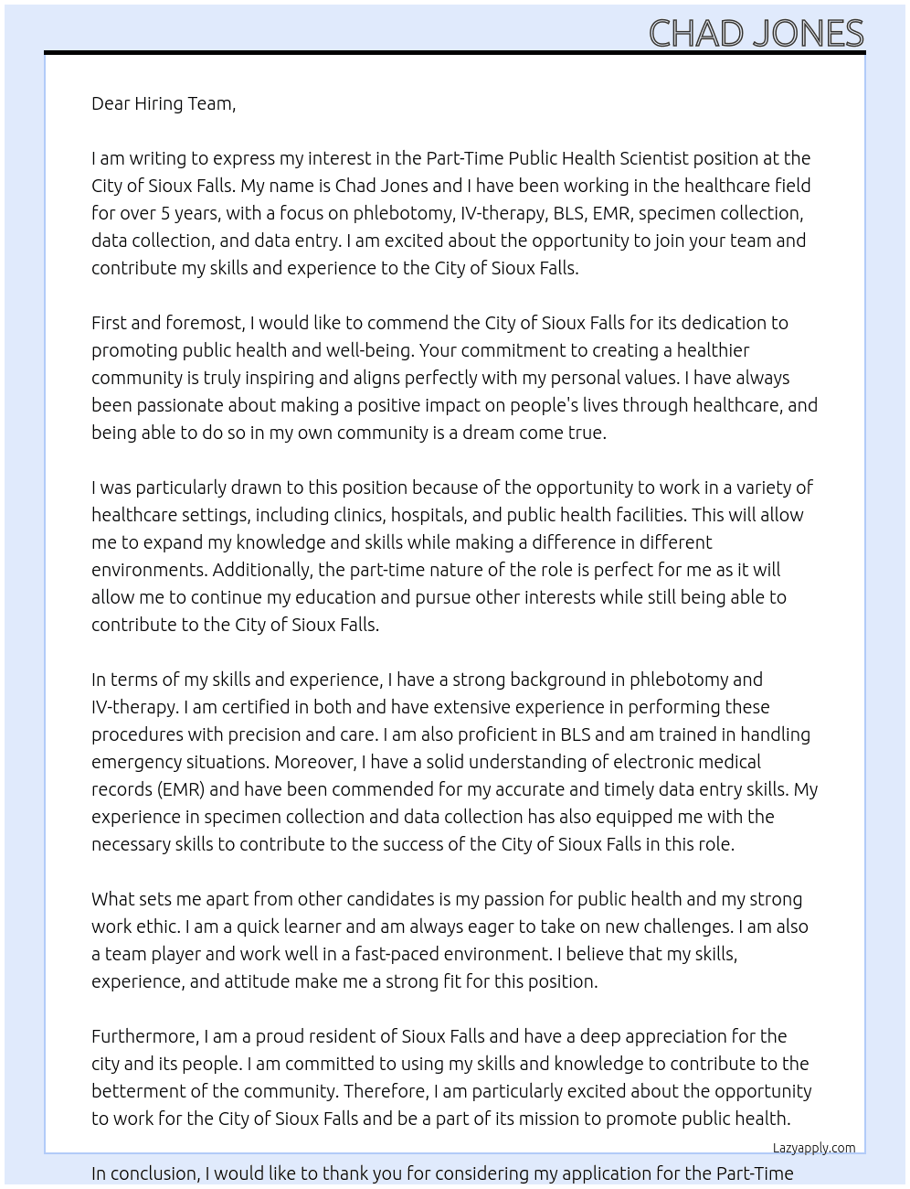 PT PUBLIC HEALTH SCIENTIST At City of Sioux Falls Cover Letter
