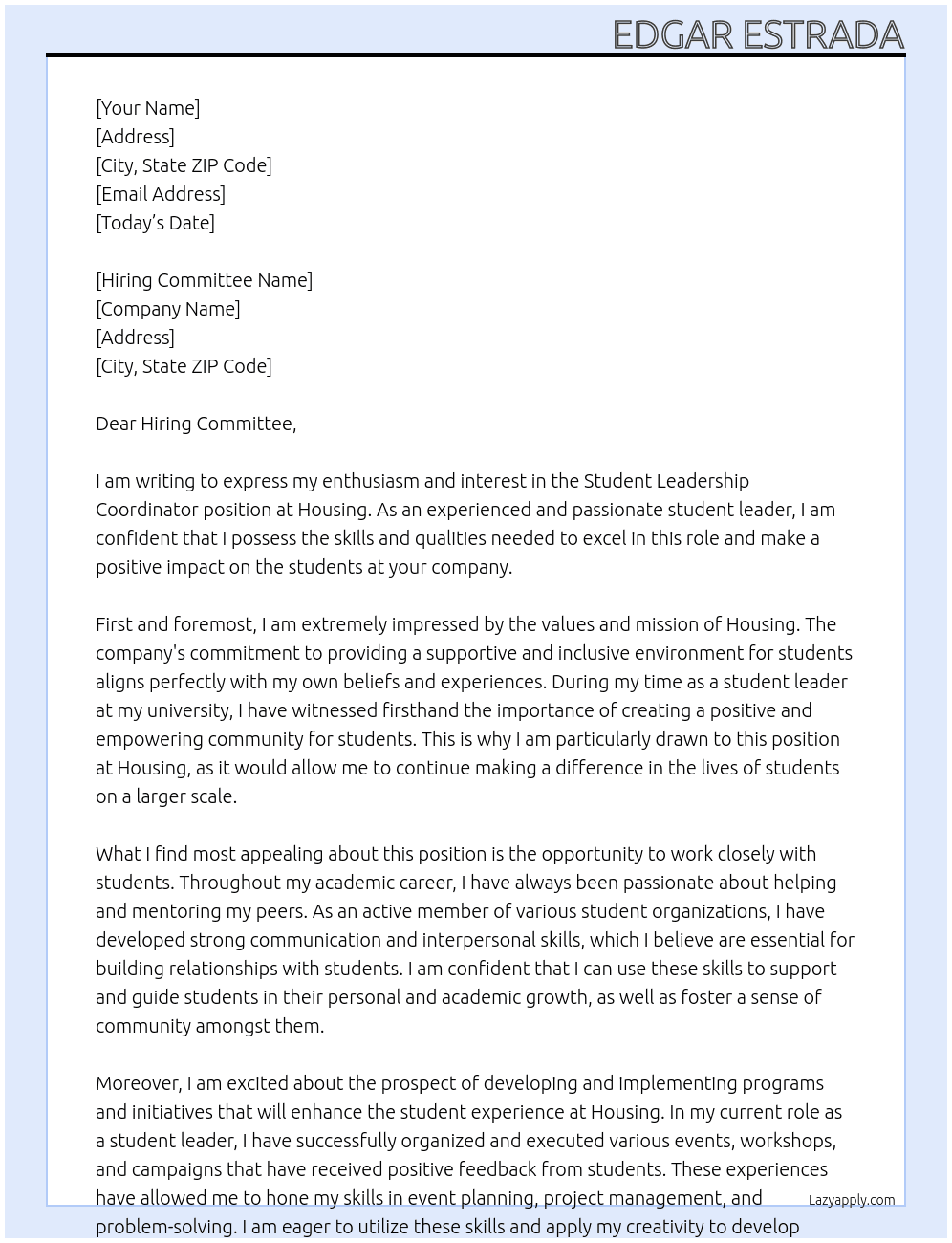 Student Leadership Coordinator At Housing  Cover Letter